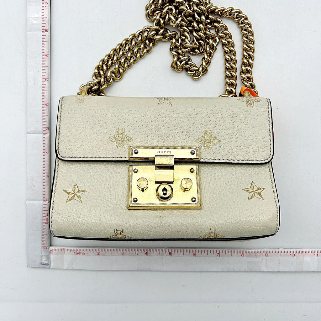 GUCCI Grained Calfskin Bee Star Small Padlock Shoulder Bag White  2505092204