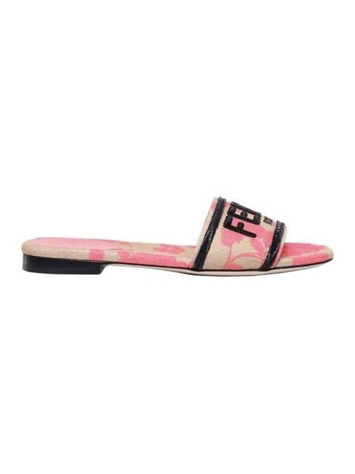 Fendi Rose Print Embroidered Logo Canvas Slide Slippers Pink