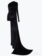 Balenciaga One Shoulder Velvet Long Dress Black