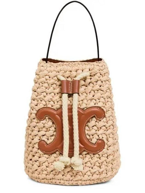 CELINE Teen Drawstring Raffia Calfskin Bucket Bag Natural Tan