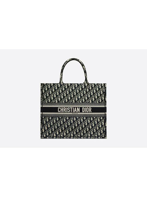 Oblique Embroidery Large Book Tote Bag Blue Dior