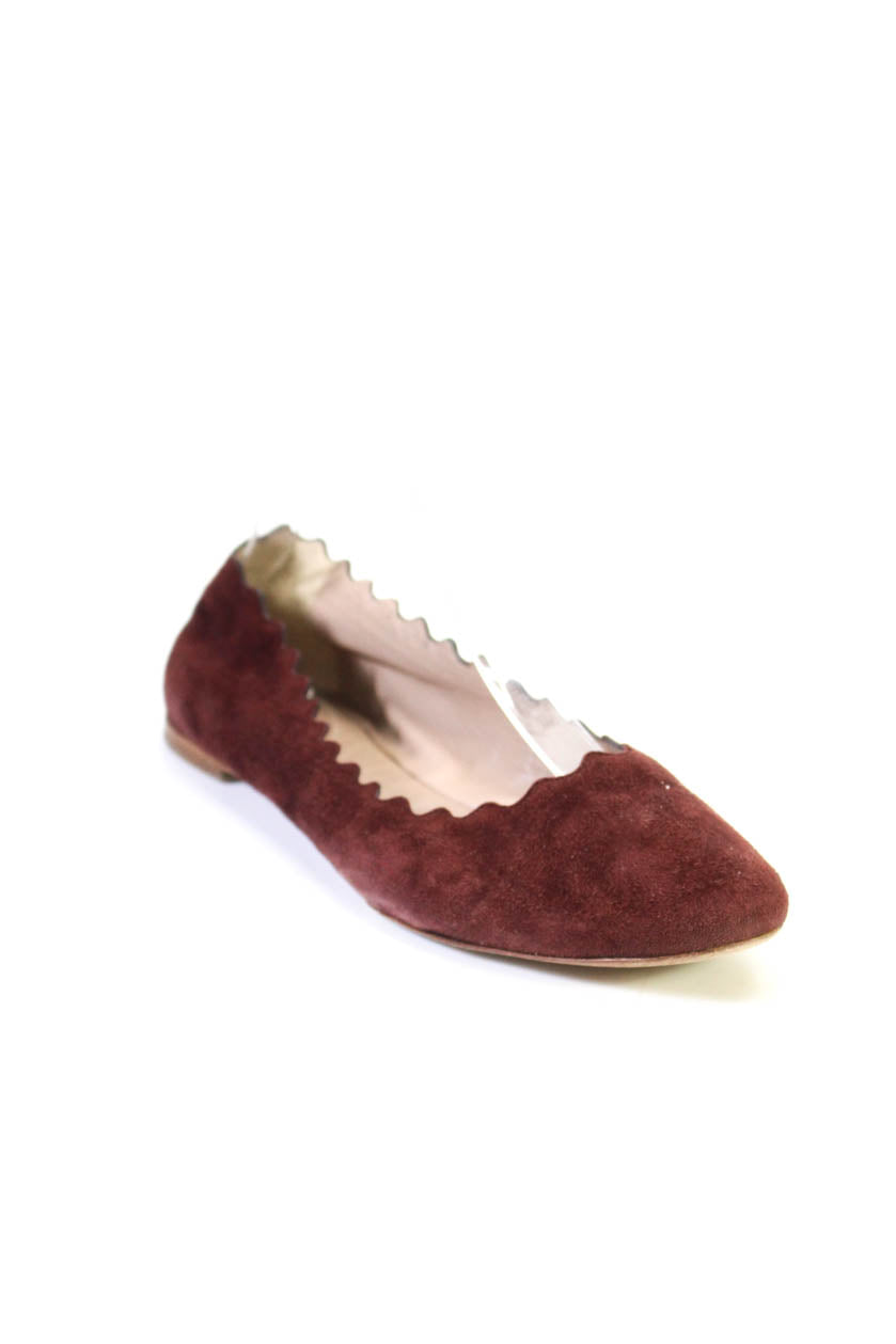 Chloe Womens Suede Scalloped Slide On Ballet Flats Burgundy Red