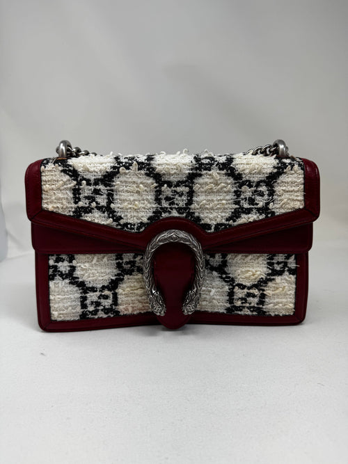 GUCCI Tweed GG Monogram Small Dionysus Shoulder Bag White Black Romantic Cherry B20-79