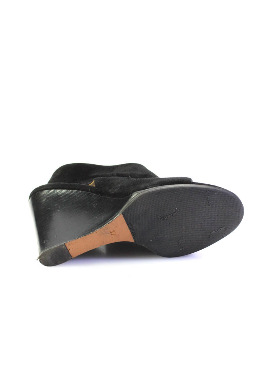 Chloe Womens Wedge Heel Ankle Strap Peep Toe Pumps Black Suede