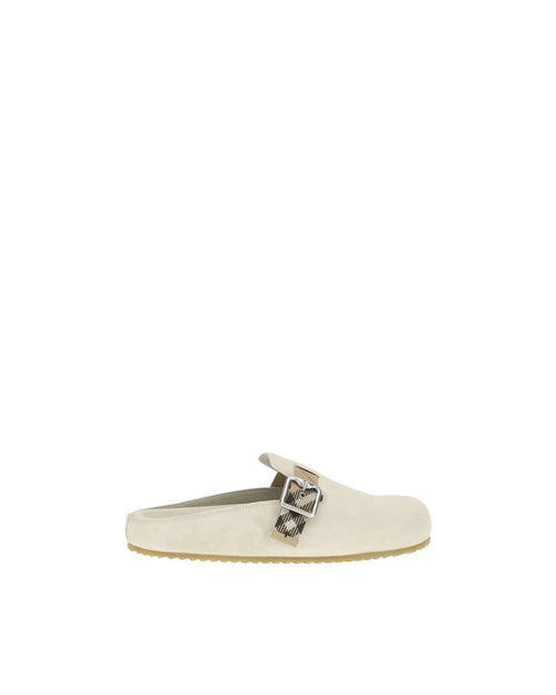 Burberry Suede Buckle Clog Men Cream Sandals