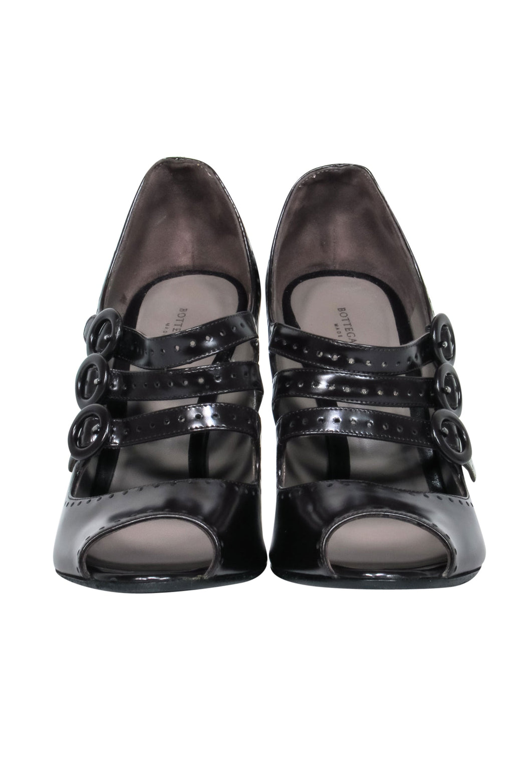 Bottega Veneta - Brown Leather Peep Toe Pumps w/ Triple Buckle Straps Sz 6.5