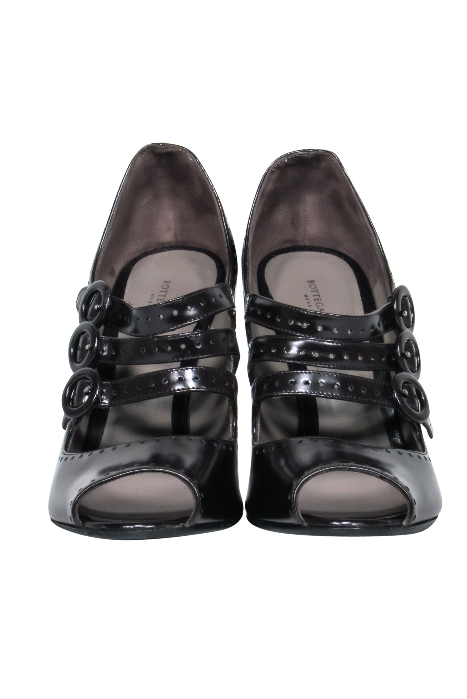 Bottega Veneta - Brown Leather Peep Toe Pumps w/ Triple Buckle Straps Sz 6.5