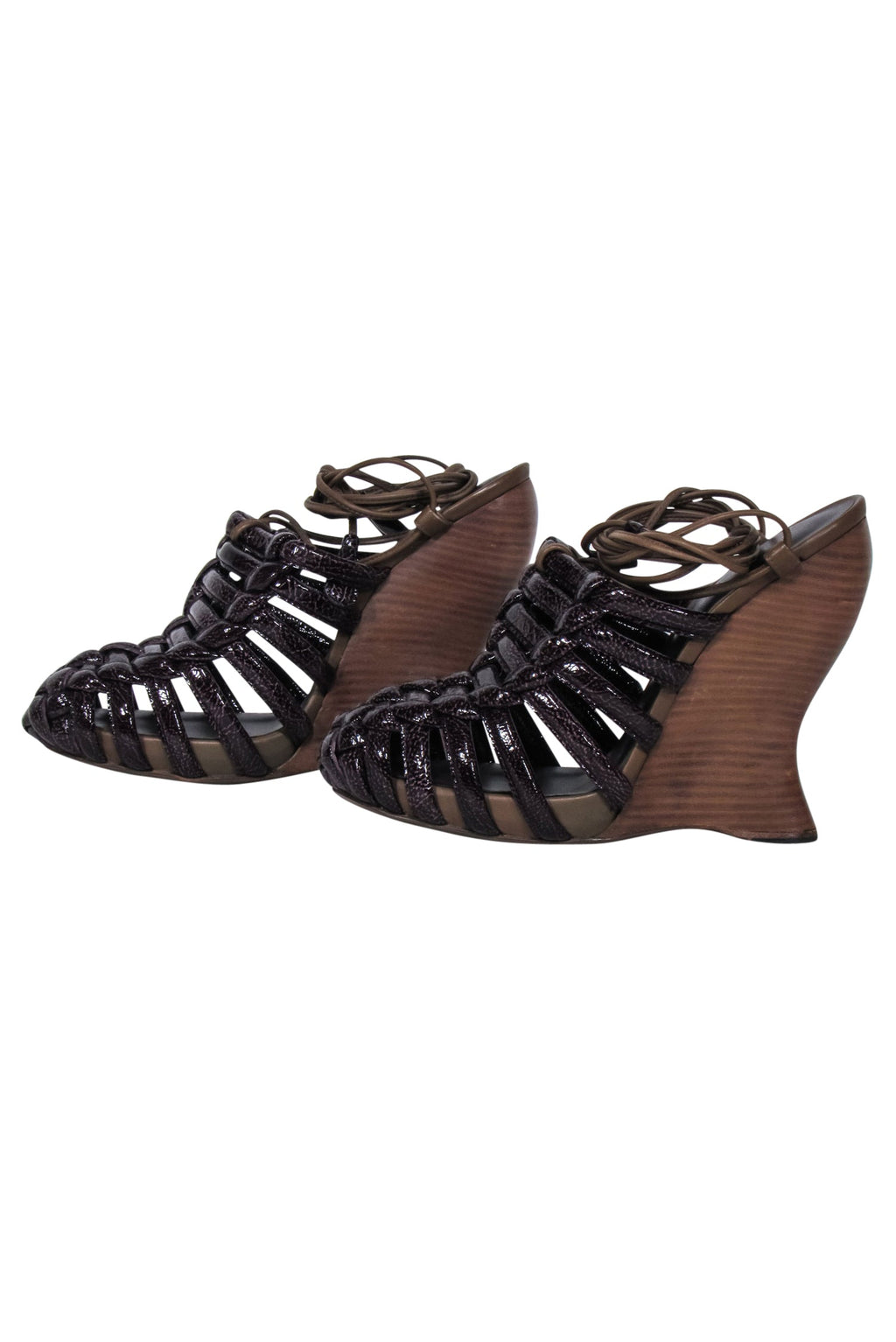Bottega Veneta - Brown Patent Leather Ankle Wrap Wedges Sz 8