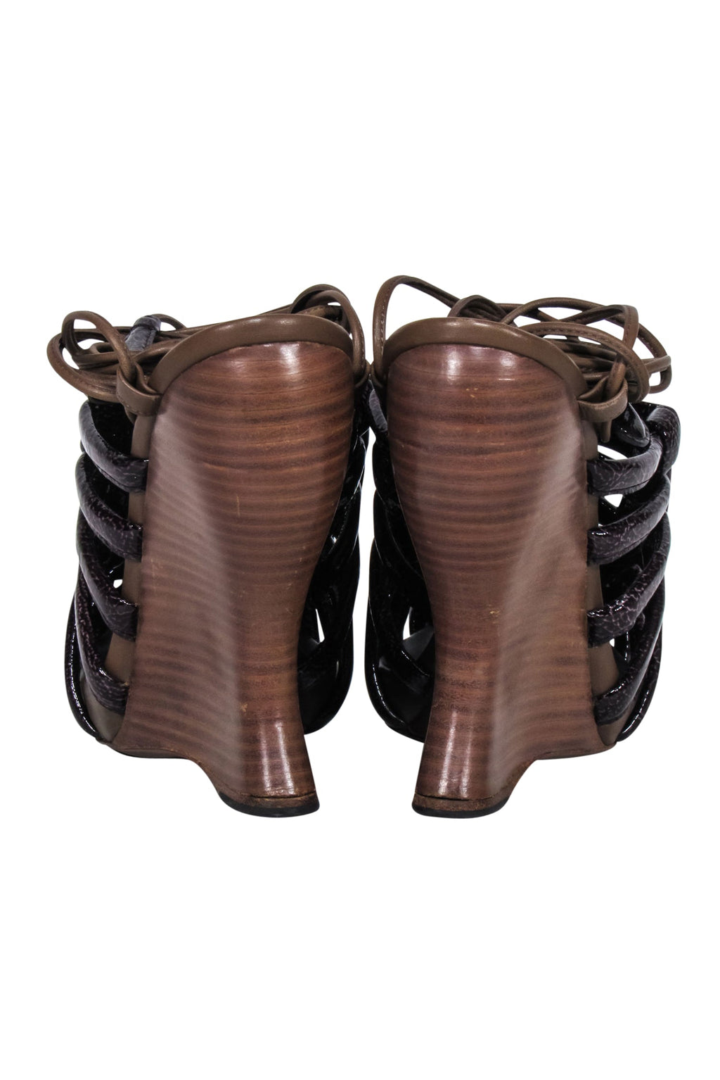 Bottega Veneta - Brown Patent Leather Ankle Wrap Wedges Sz 8
