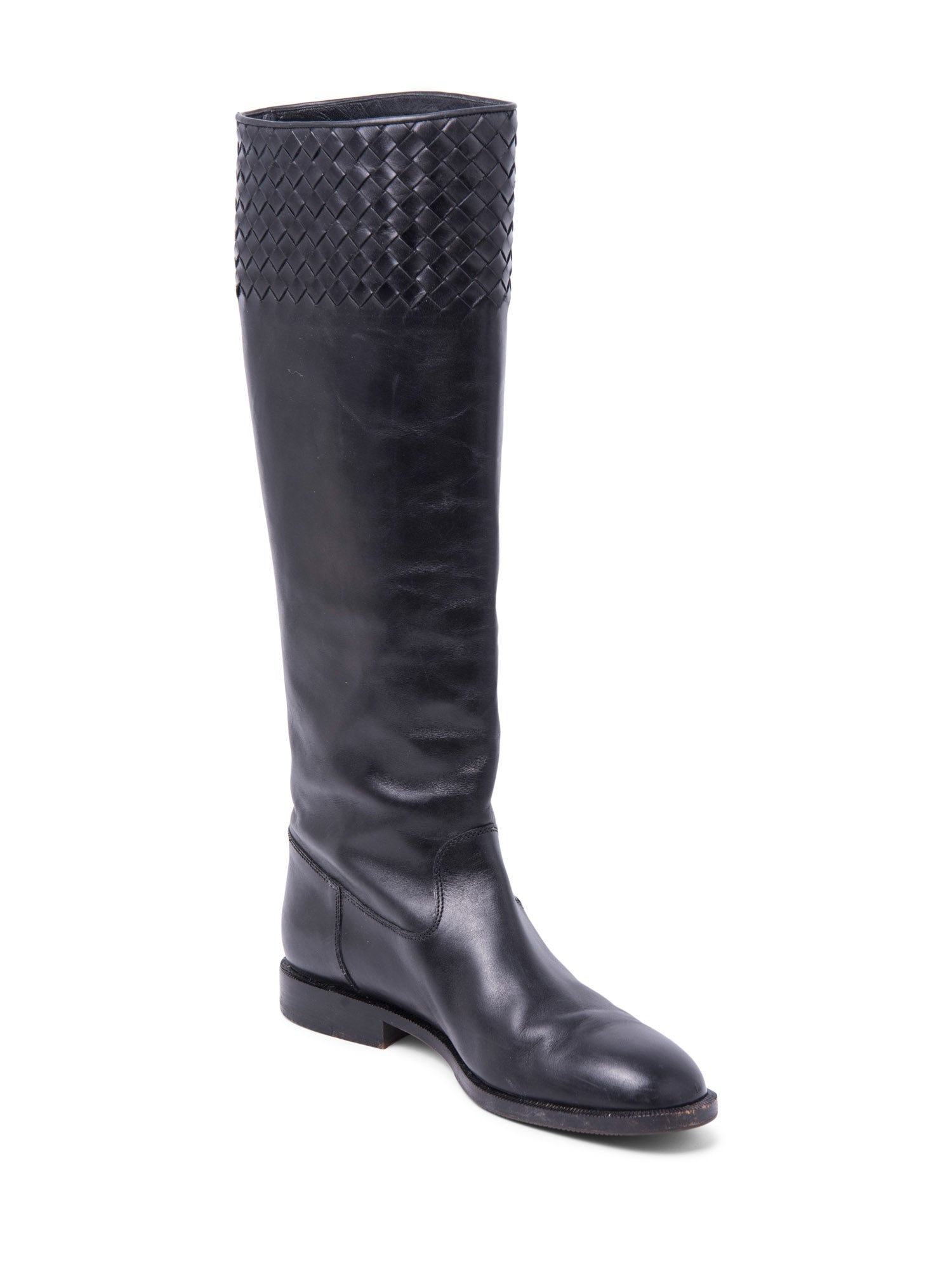 Bottega Veneta Inercciato Leather Riding Boots Black