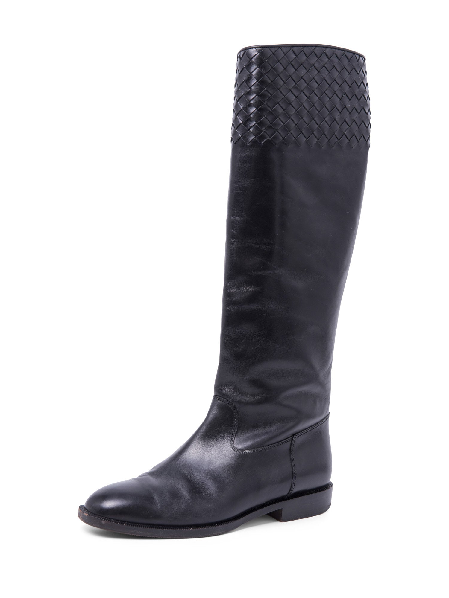 Bottega Veneta Inercciato Leather Riding Boots Black