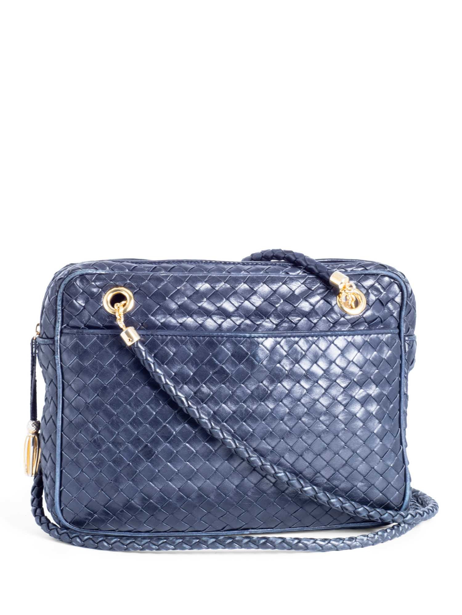 Bottega Veneta Vintage Lambskin Leather Intrecciato Shoulder Bag Navy Blue