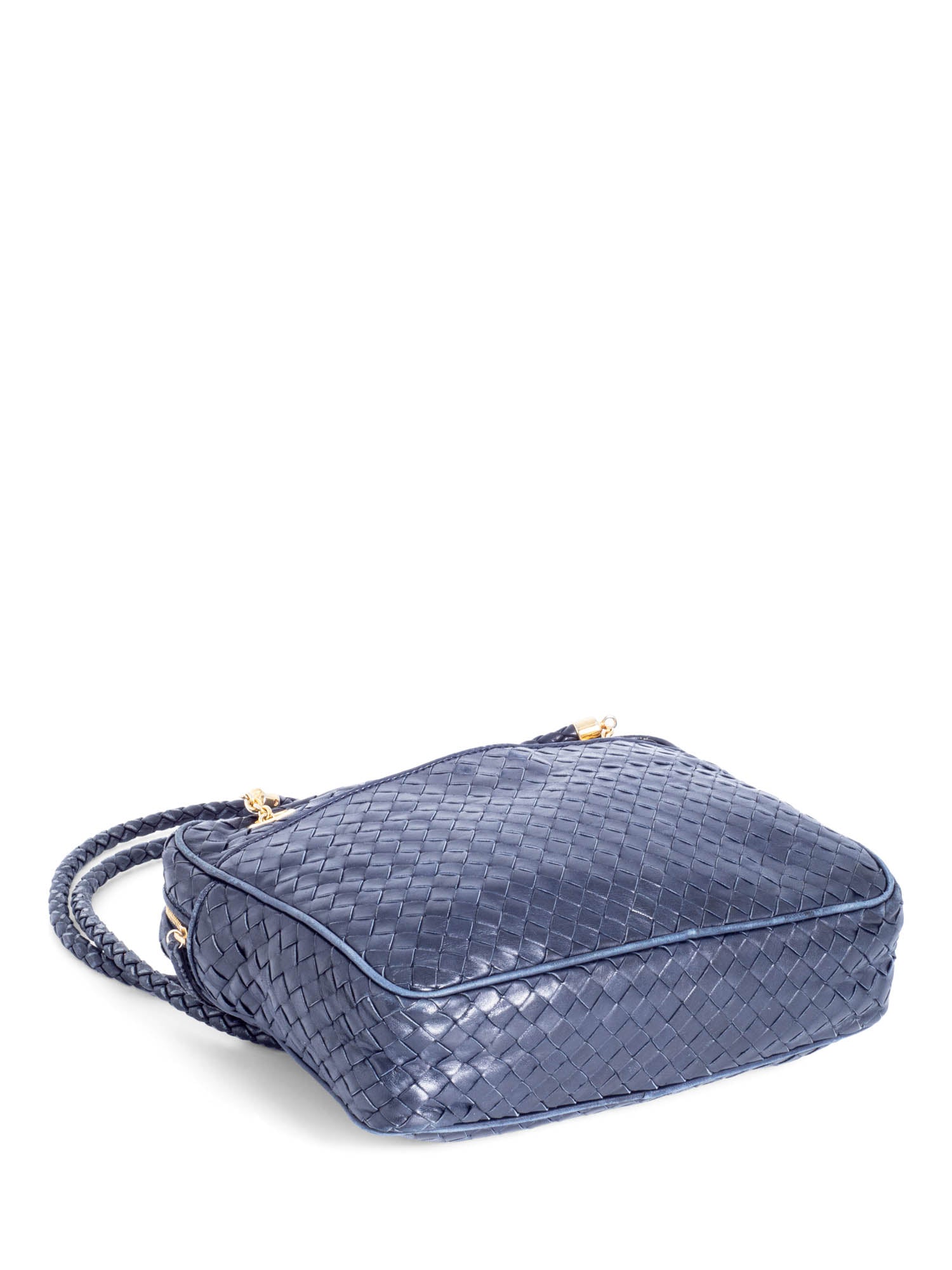 Bottega Veneta Vintage Lambskin Leather Intrecciato Shoulder Bag Navy Blue