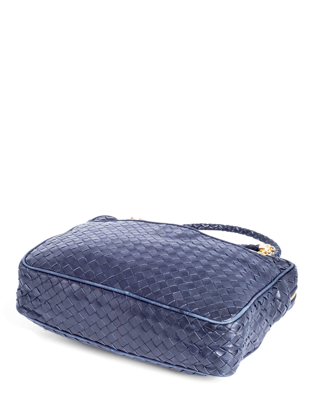 Bottega Veneta Vintage Lambskin Leather Intrecciato Shoulder Bag Navy Blue