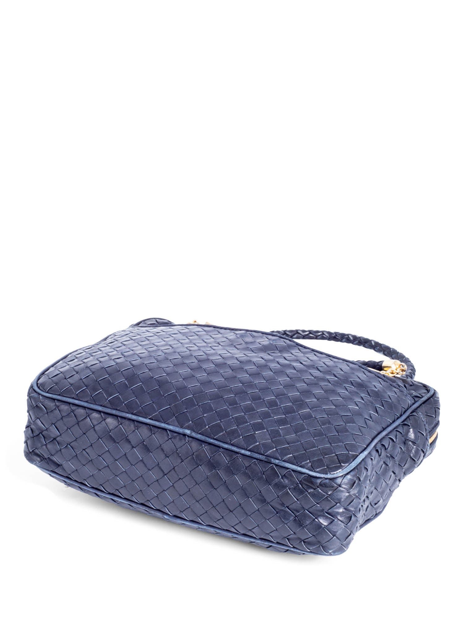 Bottega Veneta Vintage Lambskin Leather Intrecciato Shoulder Bag Navy Blue