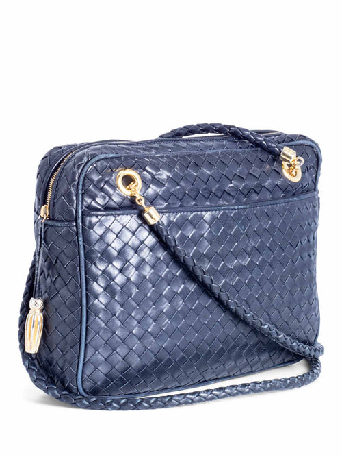 Bottega Veneta Vintage Lambskin Leather Intrecciato Shoulder Bag Navy Blue