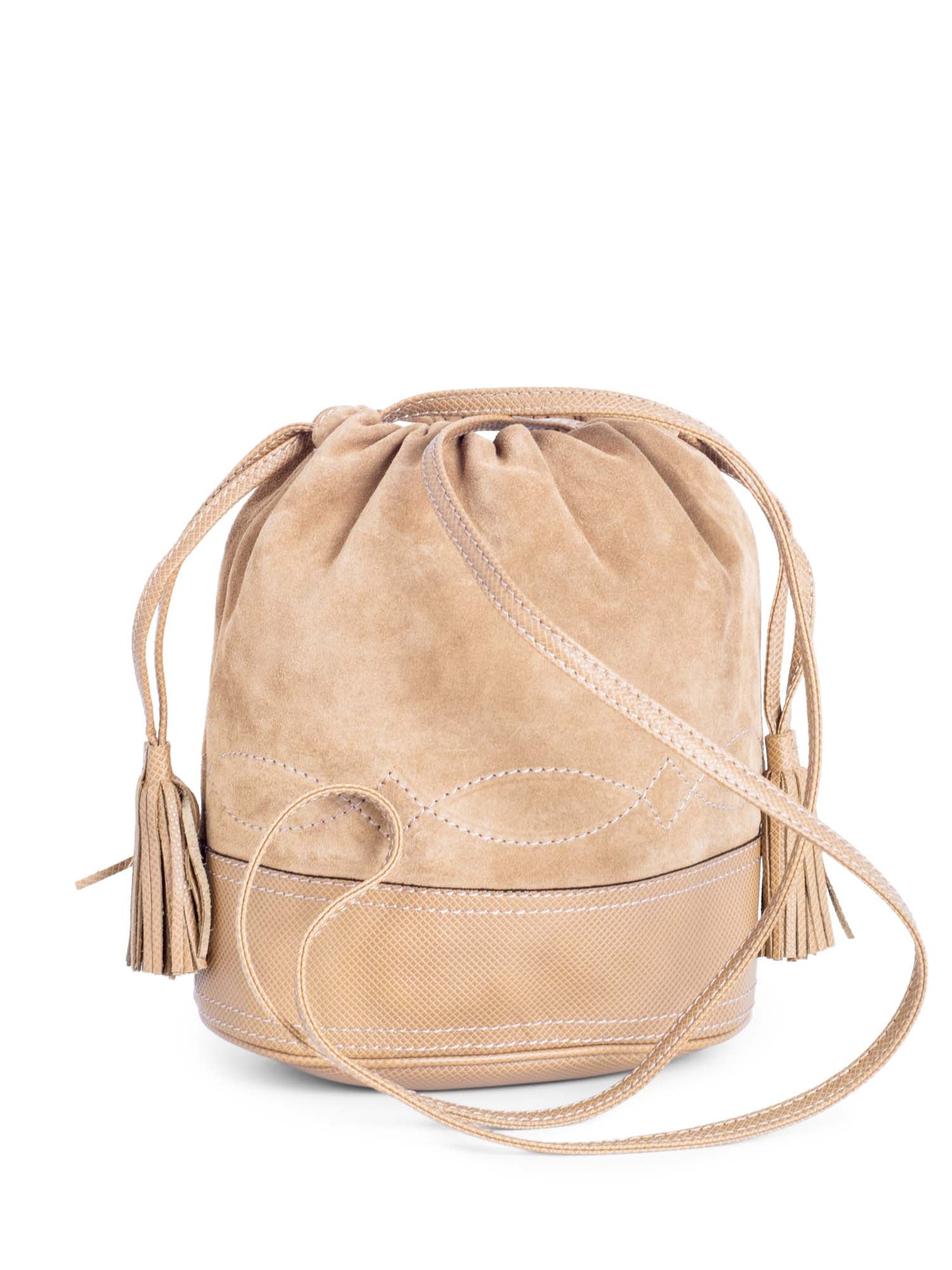 Bottega Veneta Vintage Suede Tassel Bucket Bag Taupe Beige
