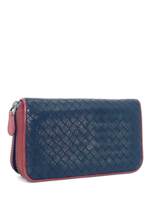 Bottega Veneta Woven Leather Zippy Long Wallet Black Terracotta