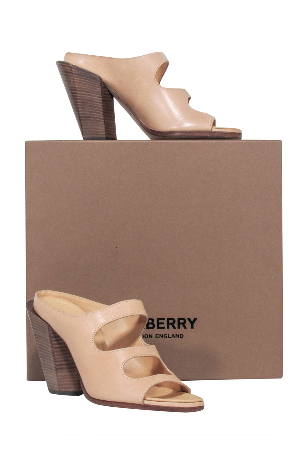 Burberry - Beige Leather Open Toe "Kiersten" Mule Heels Sz 8.5