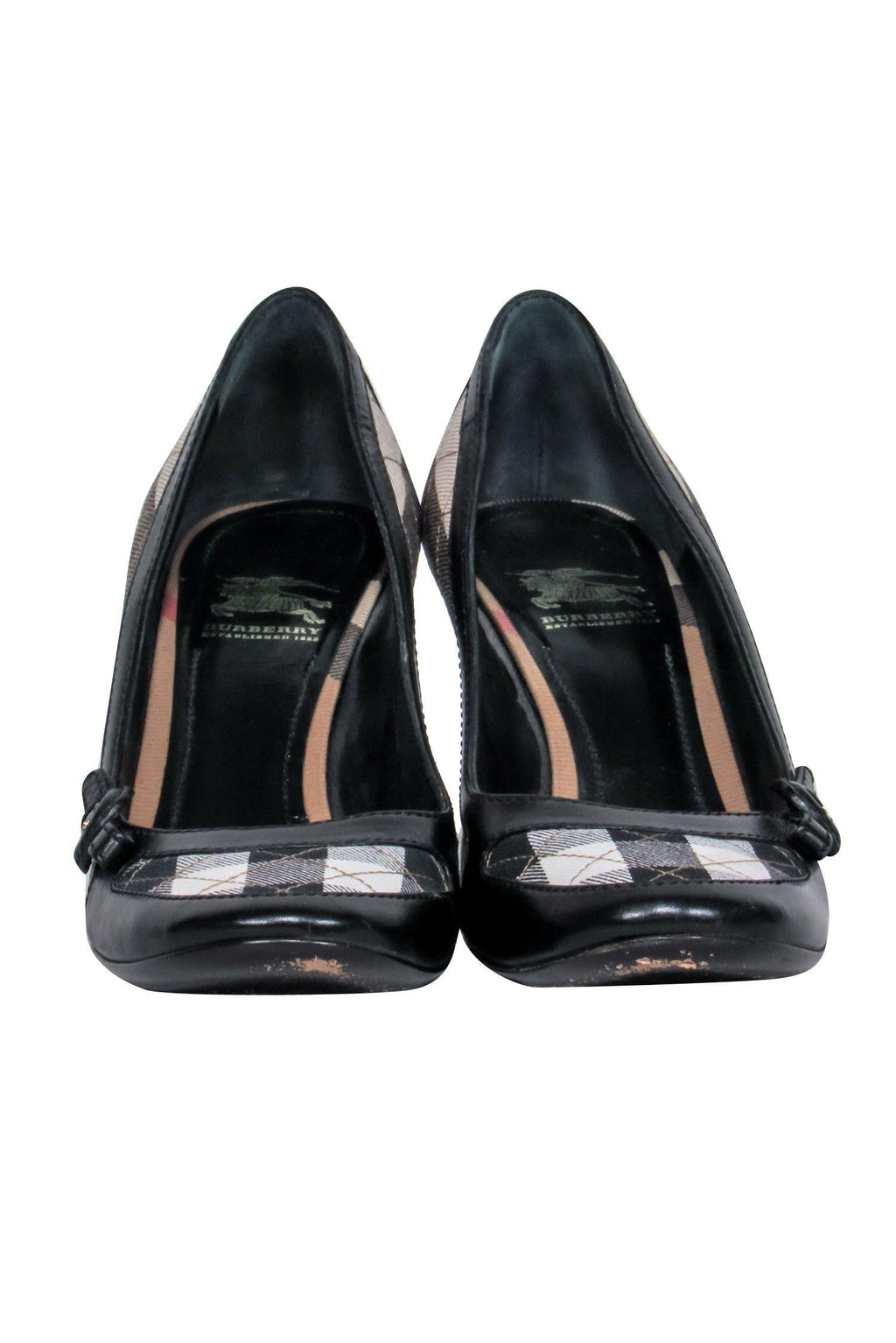 Burberry - Black & Beige Tartan Print Pumps w/ Leather Trim Sz 9