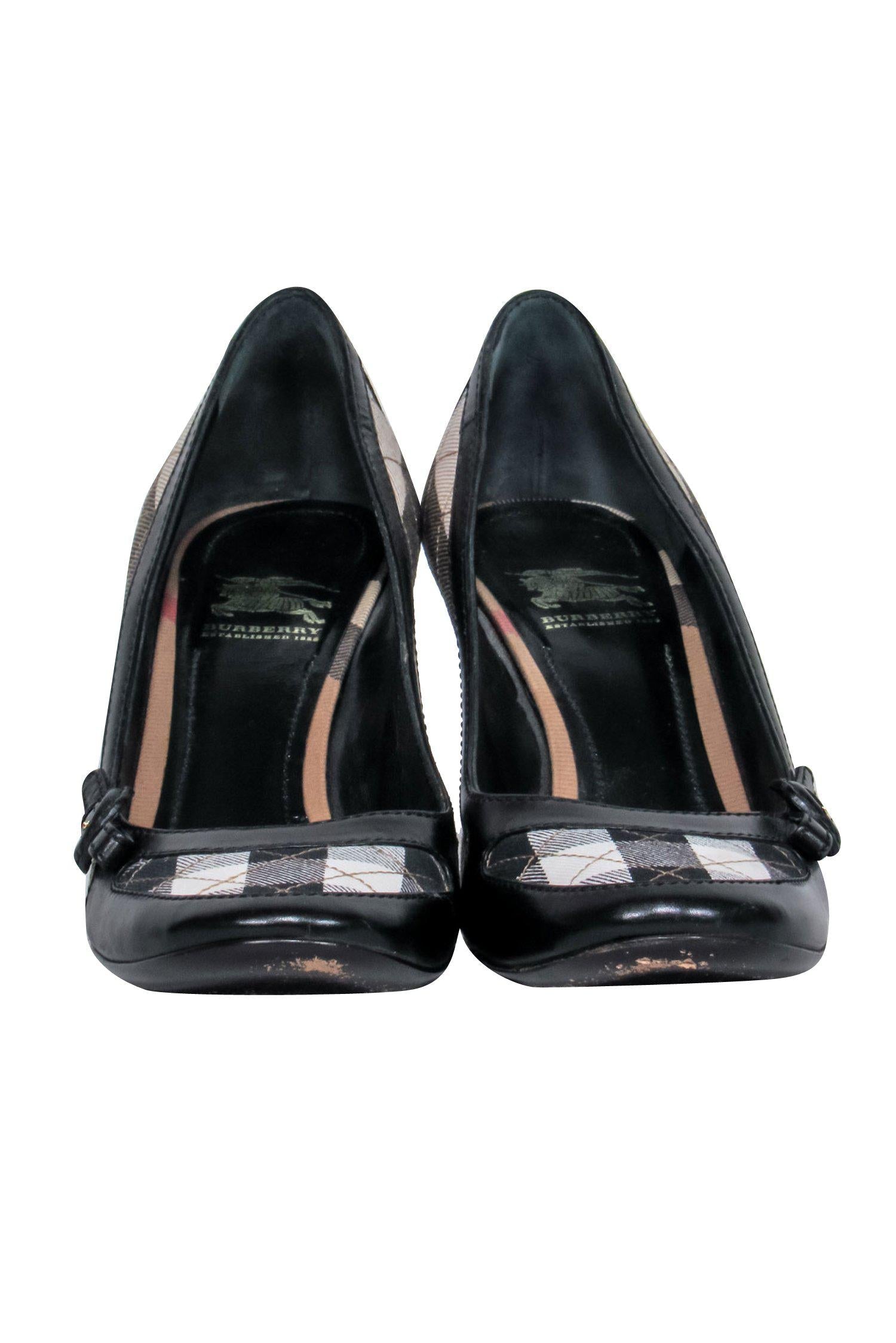 Burberry - Black & Beige Tartan Print Pumps w/ Leather Trim Sz 9