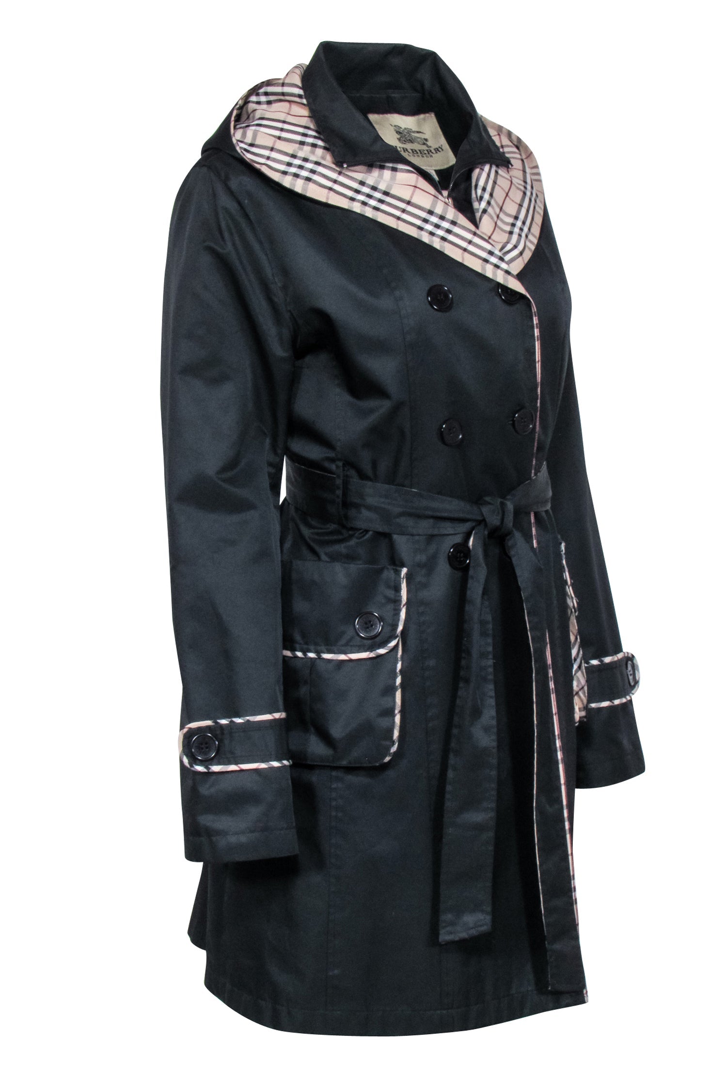 Burberry - Black Belted Trench Coat w/ Signature Plaid Trim & Hood Sz XXL