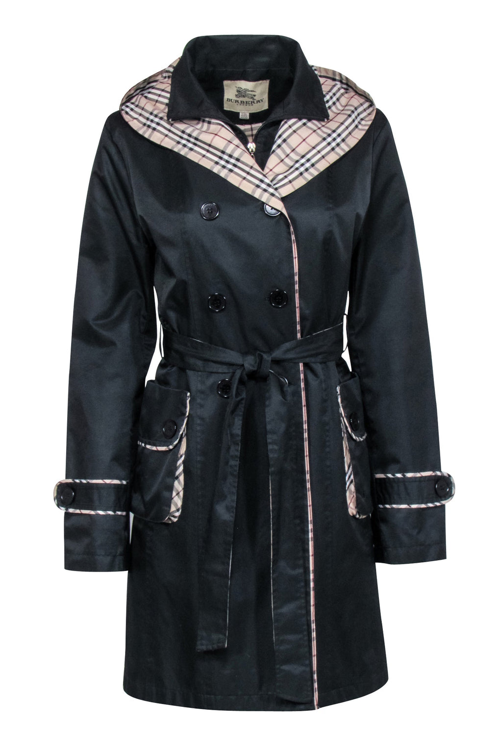 Burberry - Black Belted Trench Coat w/ Signature Plaid Trim & Hood Sz XXL