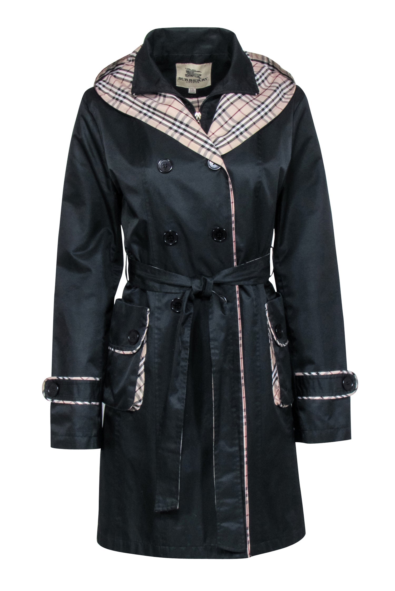 Burberry - Black Belted Trench Coat w/ Signature Plaid Trim & Hood Sz XXL