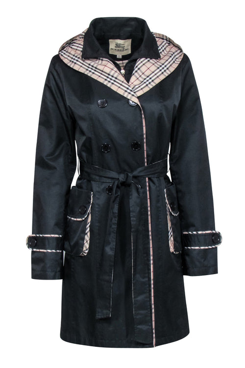 Burberry - Black Belted Trench Coat w/ Signature Plaid Trim & Hood Sz XXL