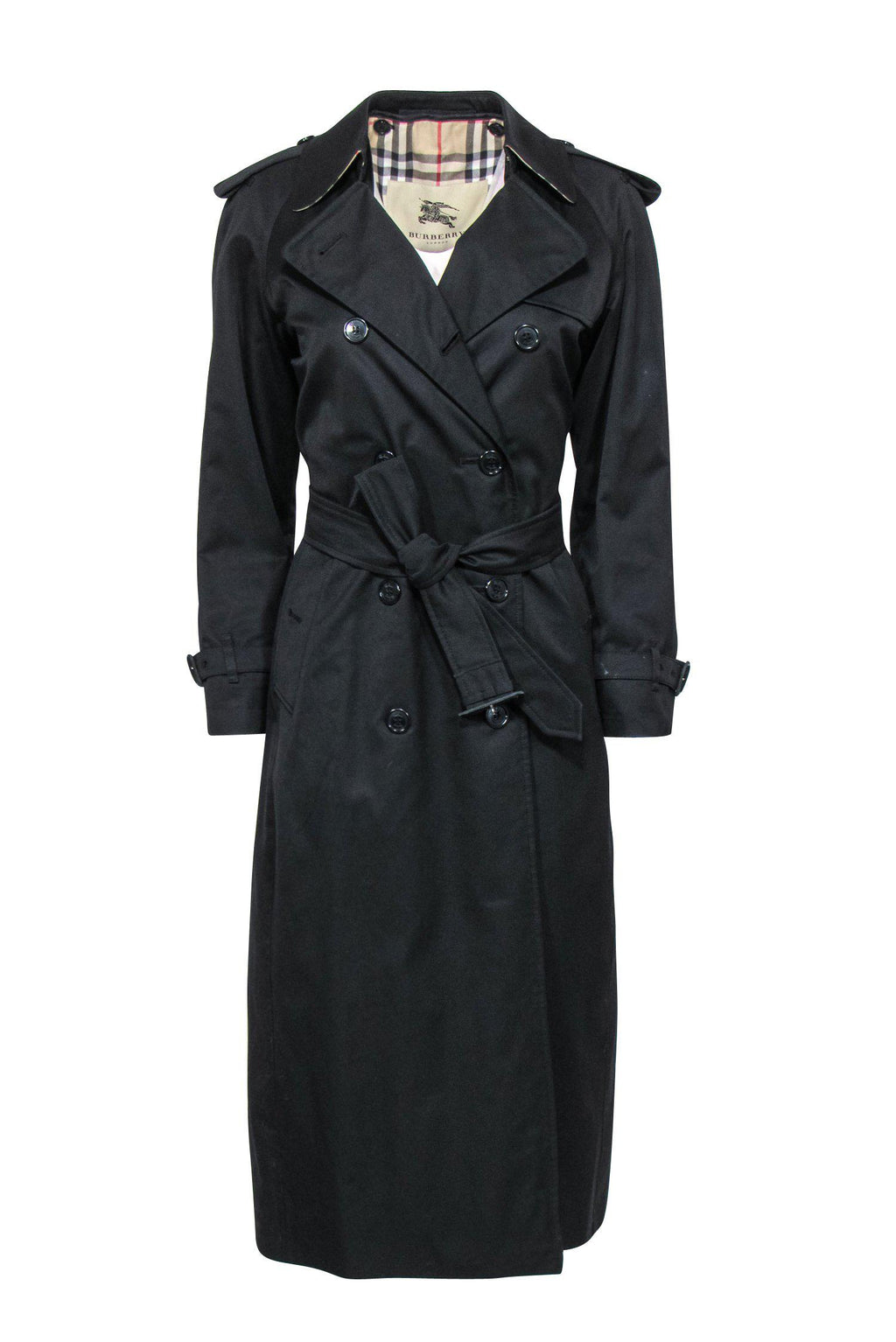 Burberry - Black Double Breasted Belted Longline Trench Coat w/ Removable Lining Sz 4