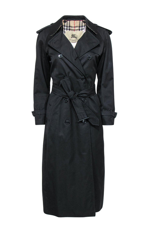 Burberry - Black Double Breasted Belted Longline Trench Coat w/ Removable Lining Sz 4