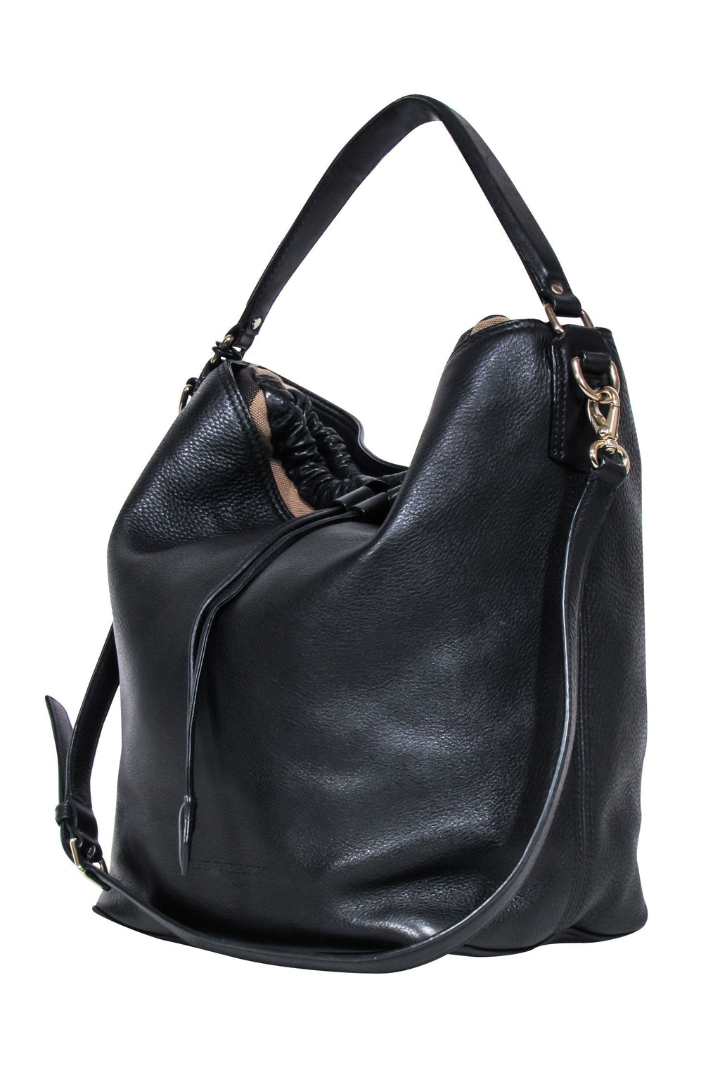Burberry - Black Leather Large Bucket Bag w/ Signature Plaid Trim