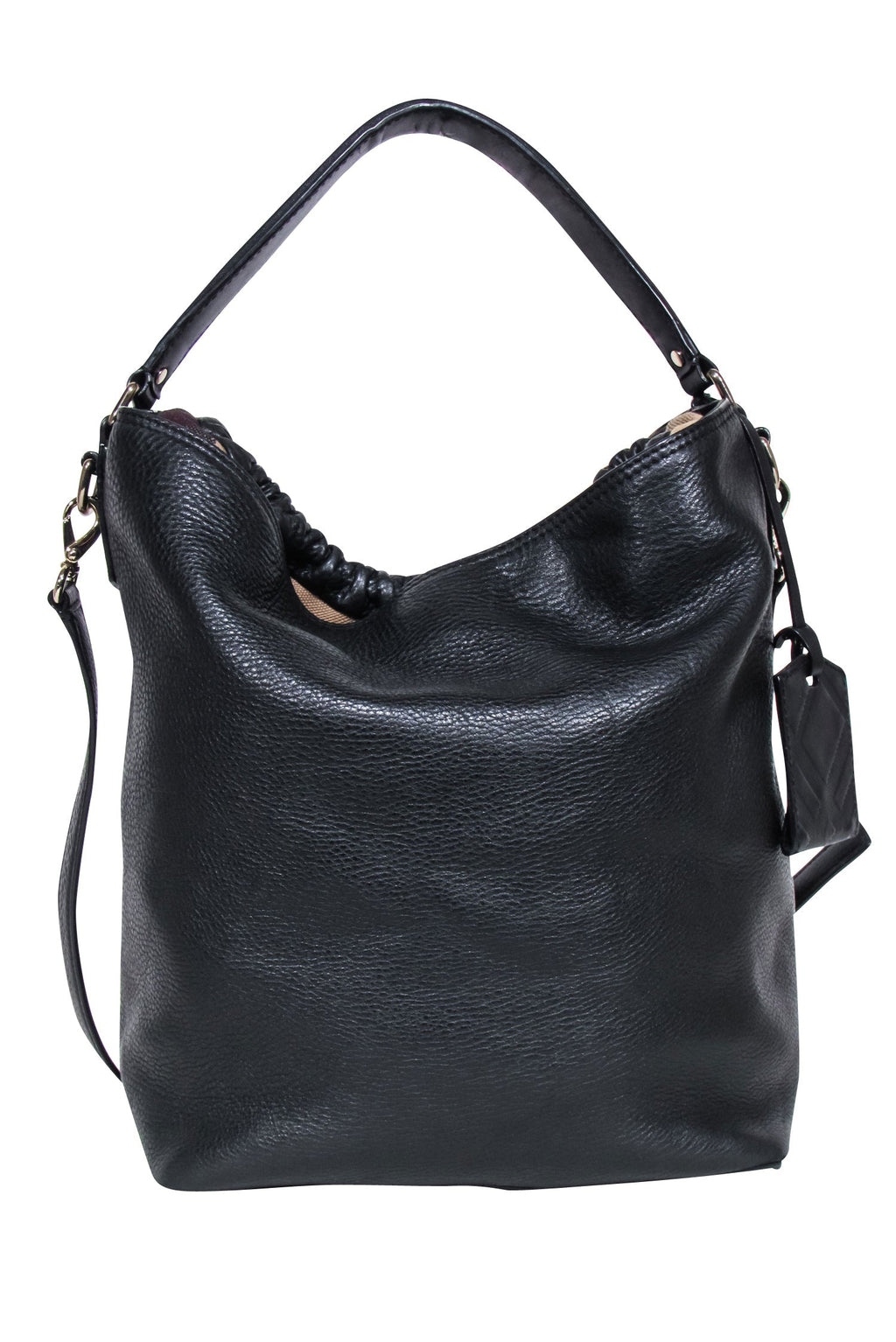 Burberry - Black Leather Large Bucket Bag w/ Signature Plaid Trim