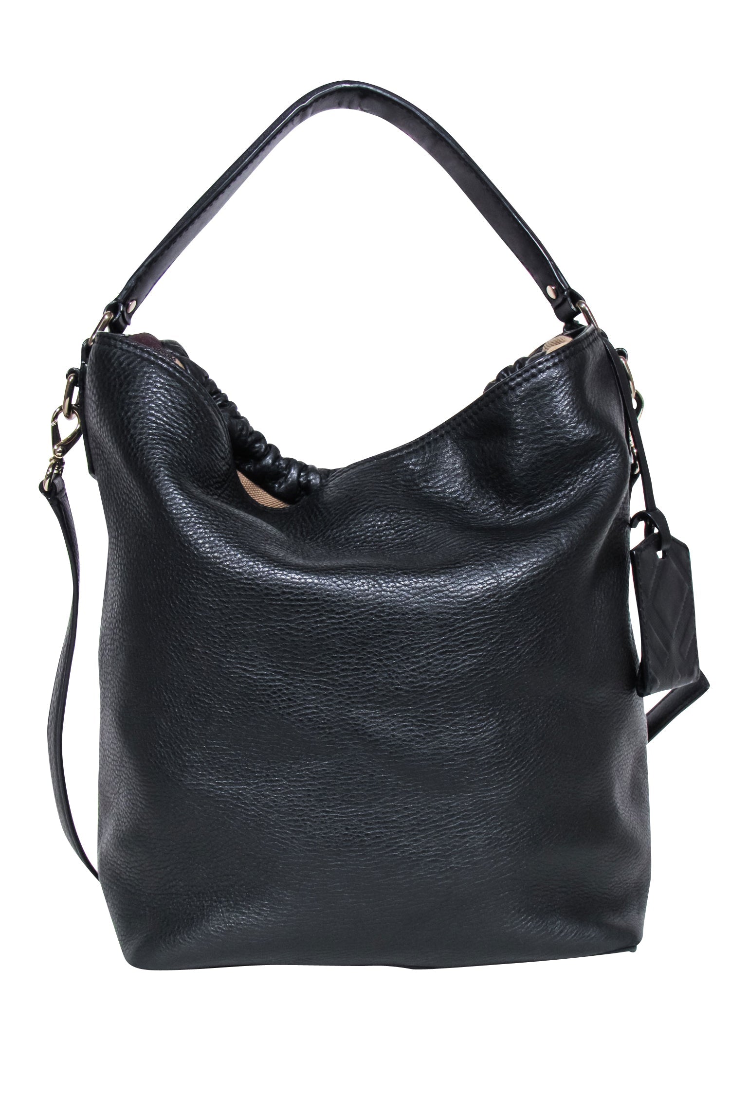 Burberry - Black Leather Large Bucket Bag w/ Signature Plaid Trim