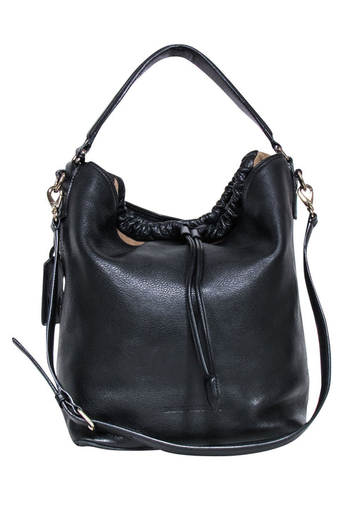 Burberry - Black Leather Large Bucket Bag w/ Signature Plaid Trim