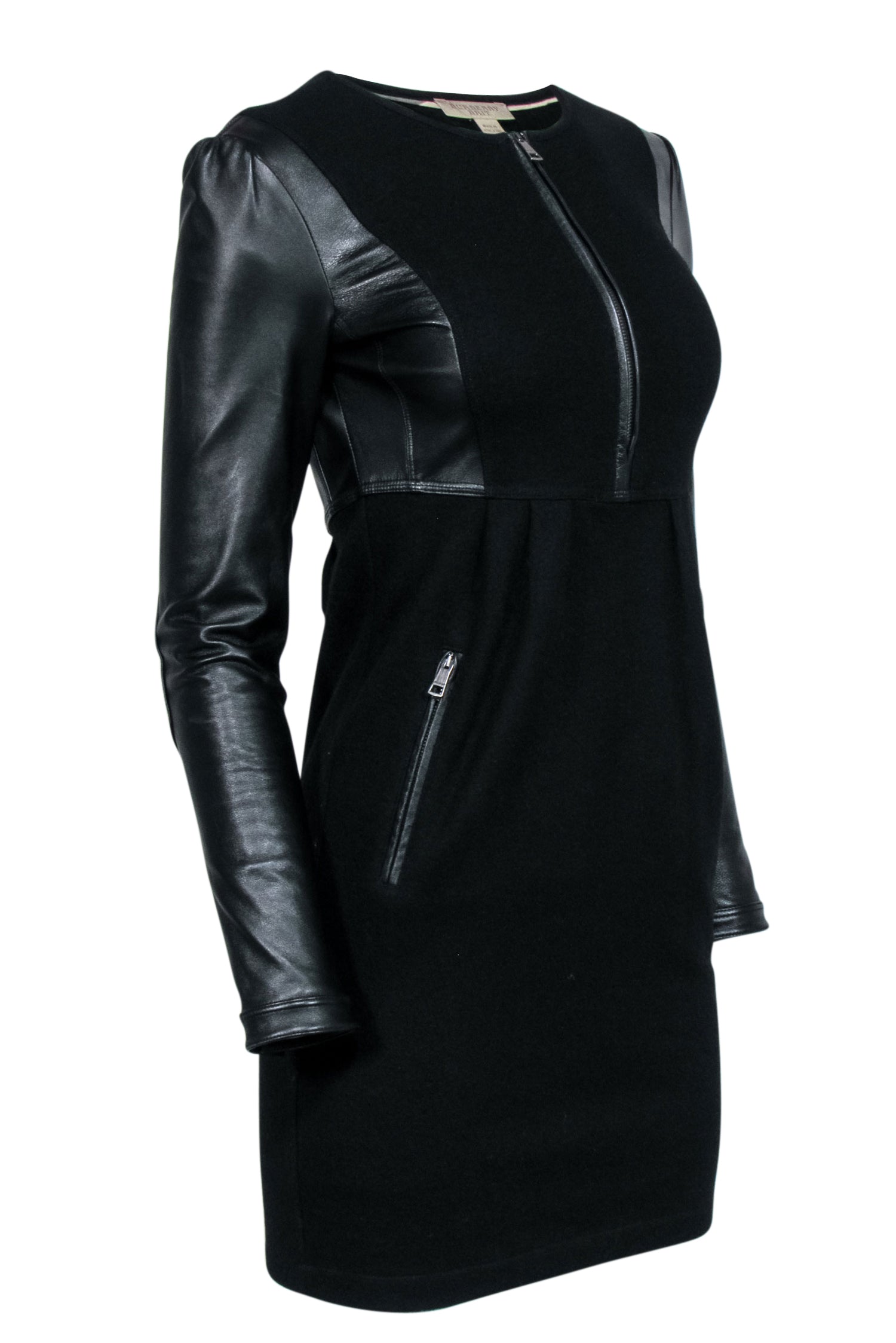 Burberry - Black Leather Long Sleeve Mini Dress Sz 2