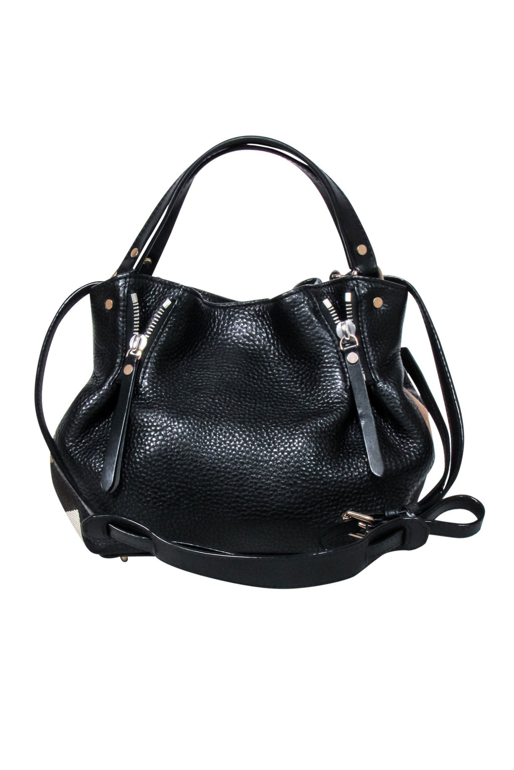 Burberry - Black Leather w/ Signature Plaid Sides Crossbody Bag