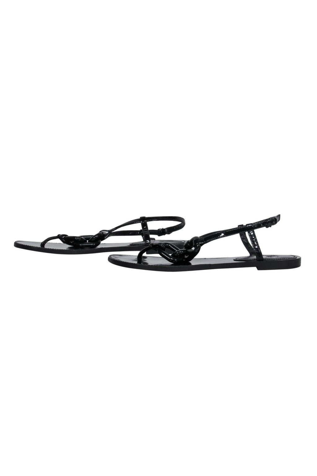 Burberry - Black Patent Leather T-Strap Sandals w/ Chain Design Sz 8