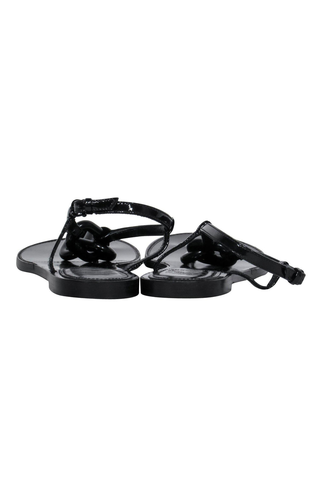 Burberry - Black Patent Leather T-Strap Sandals w/ Chain Design Sz 8