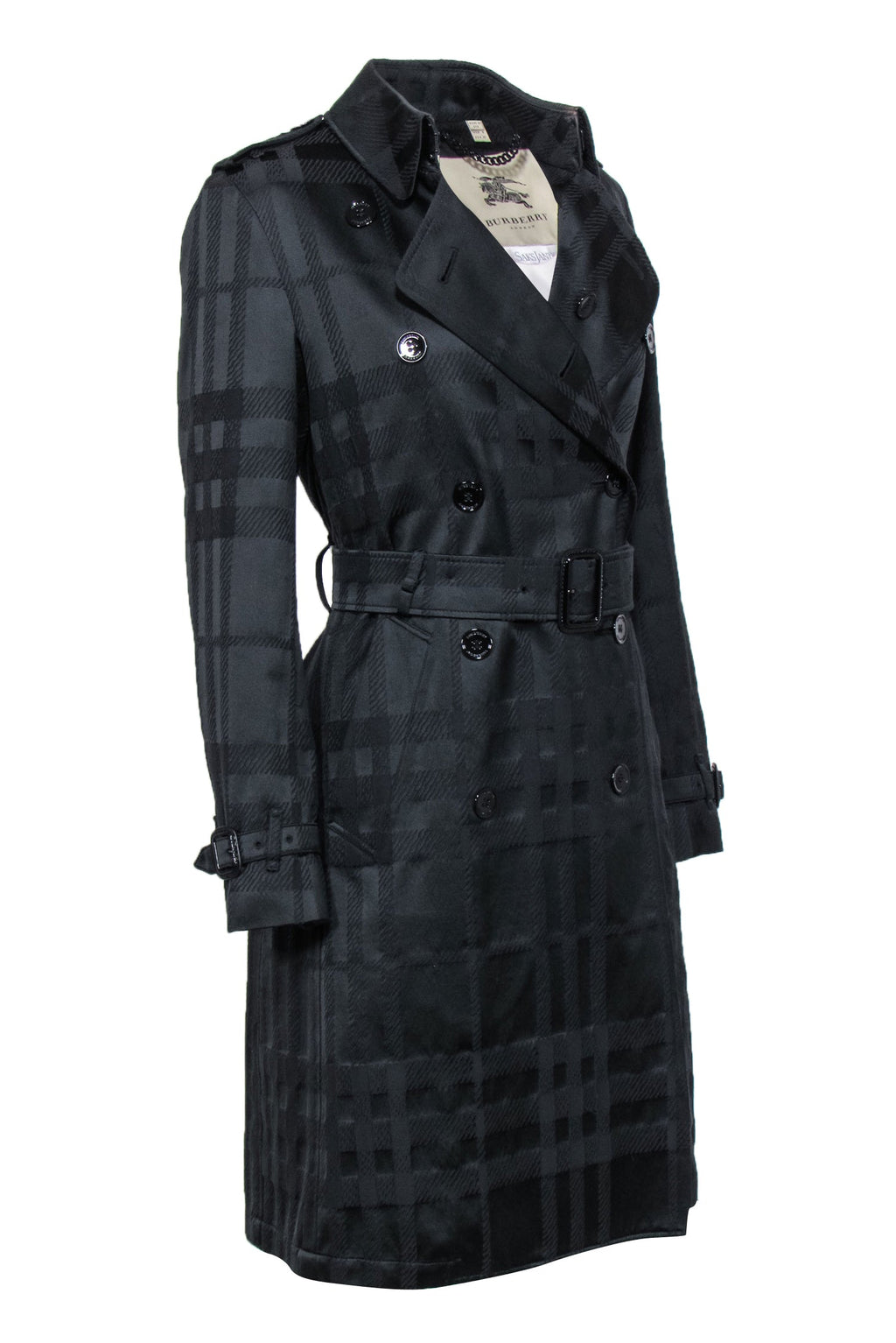 Burberry - Black Plaid Textured Double Breasted Belted Trench Coat Sz 8