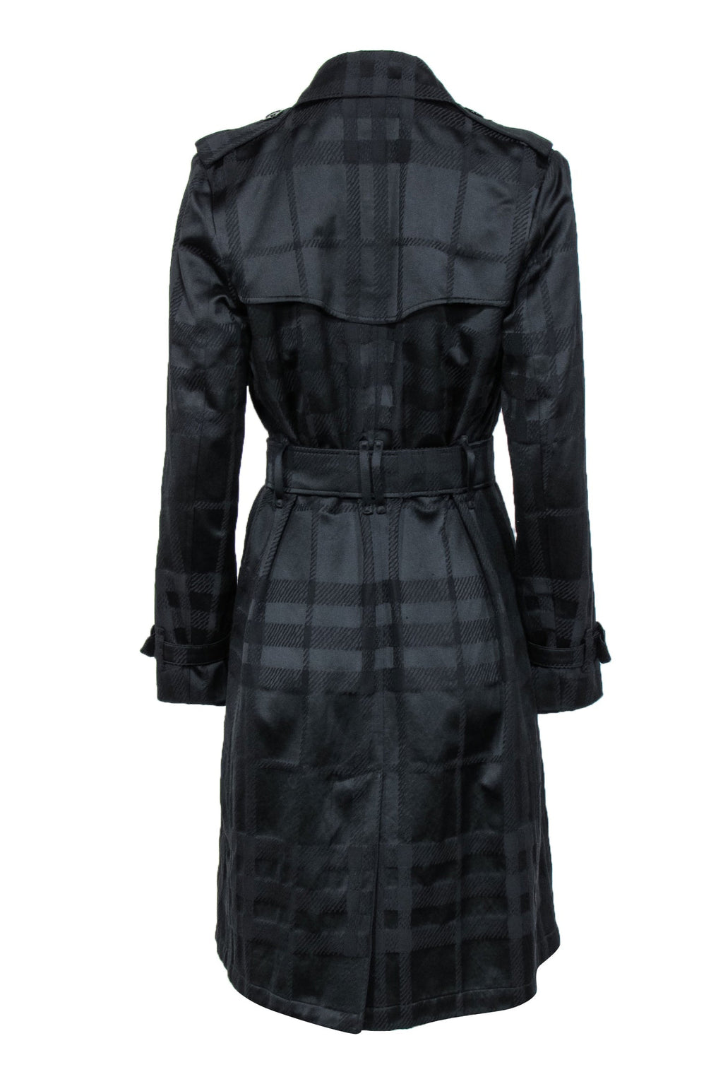 Burberry - Black Plaid Textured Double Breasted Belted Trench Coat Sz 8