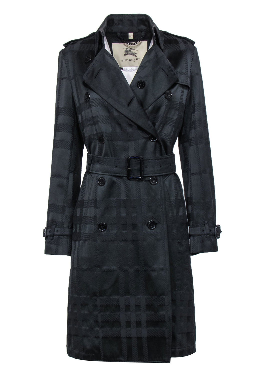 Burberry - Black Plaid Textured Double Breasted Belted Trench Coat Sz 8