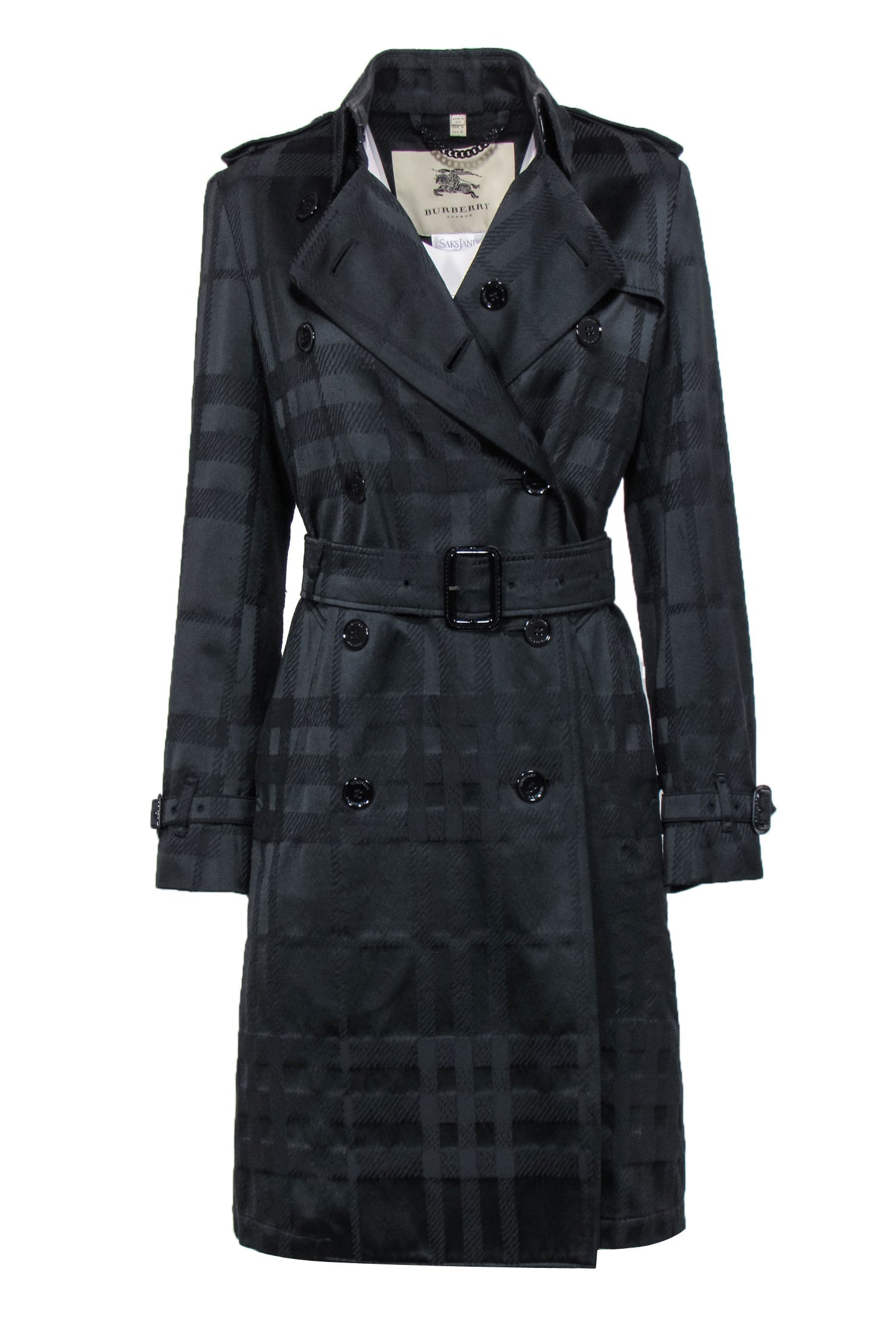 Burberry - Black Plaid Textured Double Breasted Belted Trench Coat Sz 8