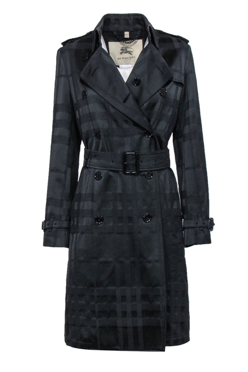 Burberry - Black Plaid Textured Double Breasted Belted Trench Coat Sz 8