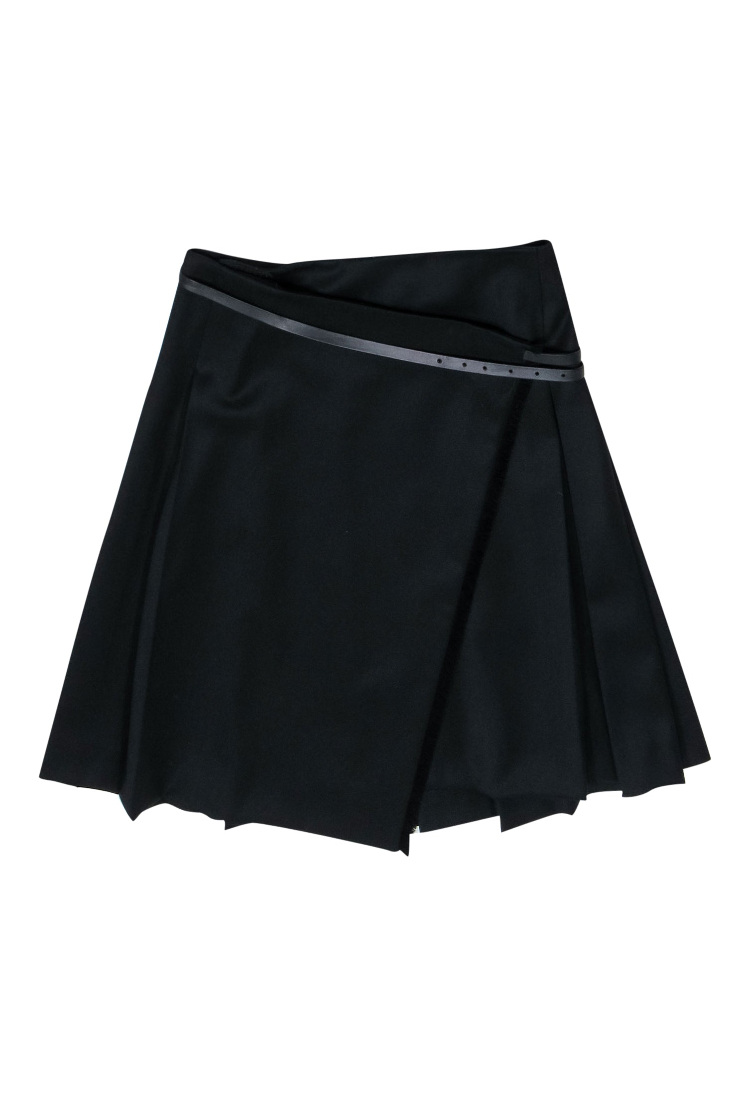 Burberry - Black Pleated Mini Wrap Wool Skirt w/ Belt Sz 8