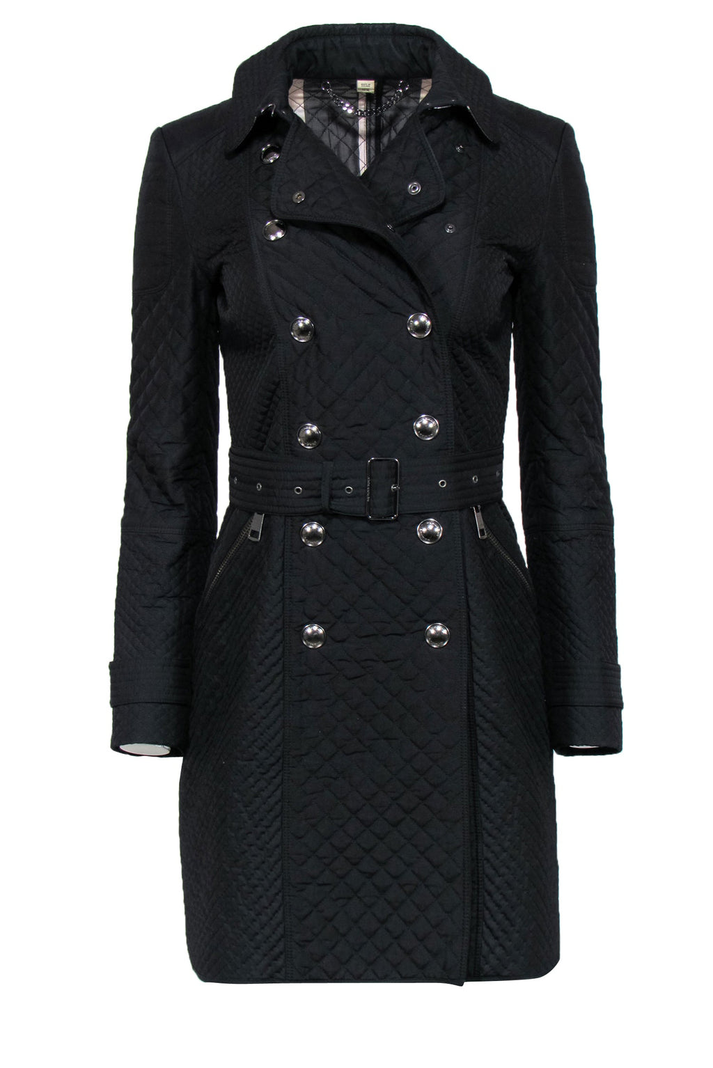 Burberry - Black Quilted Double Breasted Trench Coat w/ Belt Sz 2