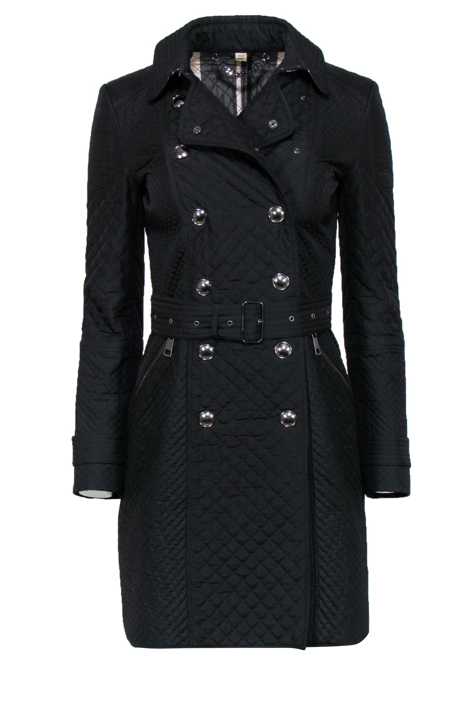 Burberry - Black Quilted Double Breasted Trench Coat w/ Belt Sz 2