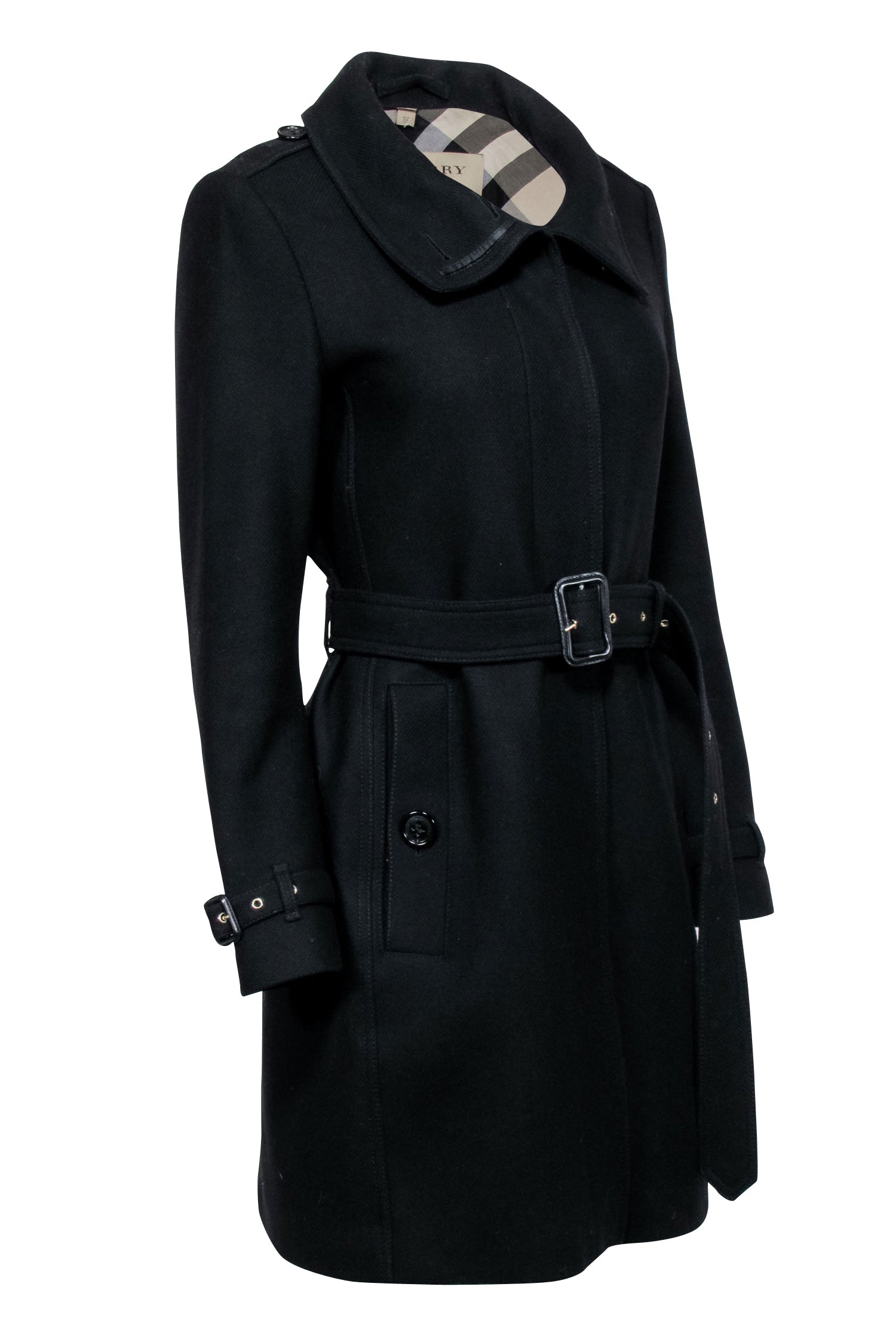 Burberry - Black Wool Blend Belted Coat Sz 8