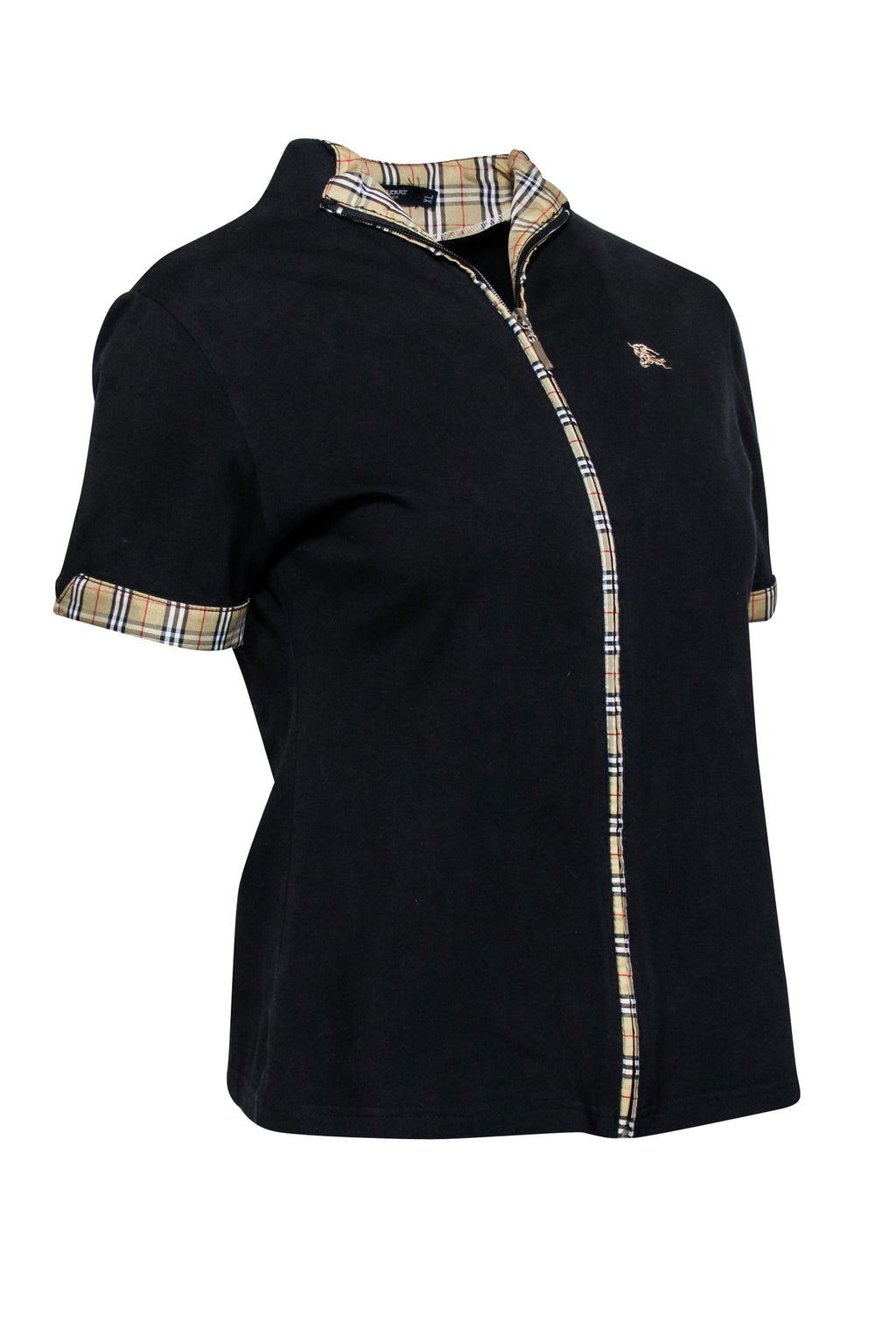 Burberry - Black Zip-Up Short Sleeve Shirt w/ Plaid Trim Sz XL