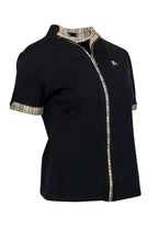 Burberry - Black Zip-Up Short Sleeve Shirt w/ Plaid Trim Sz XL